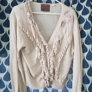 Anthropologie Beige Cardigan with ruffle front, L